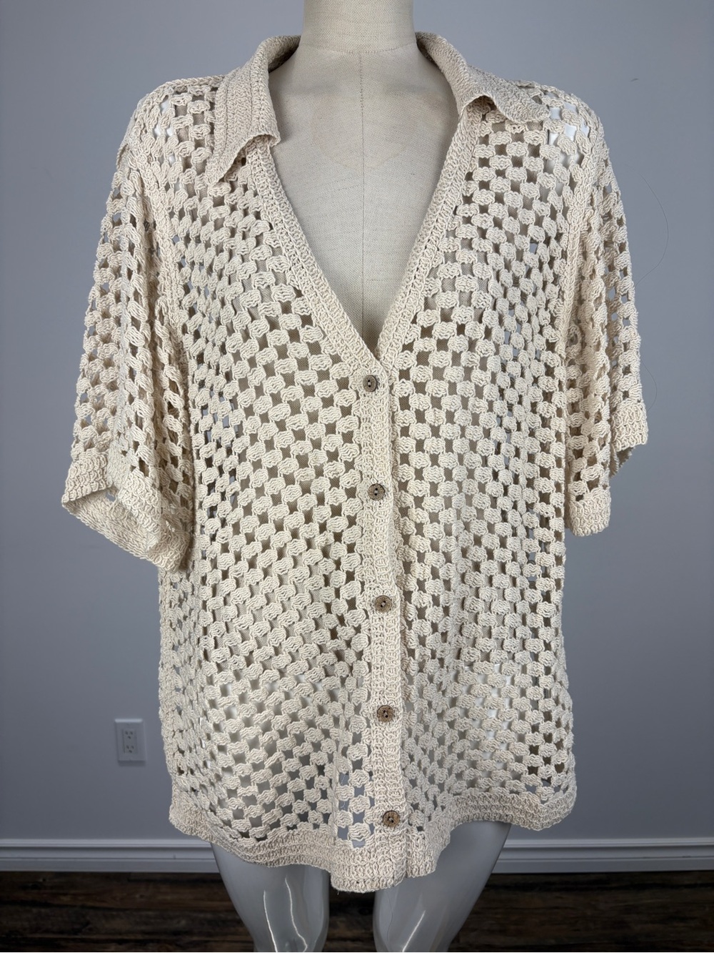 Solitaire Cream Crochet Cardigan Sweater | Boho Cottagecore Knit Top | Medium